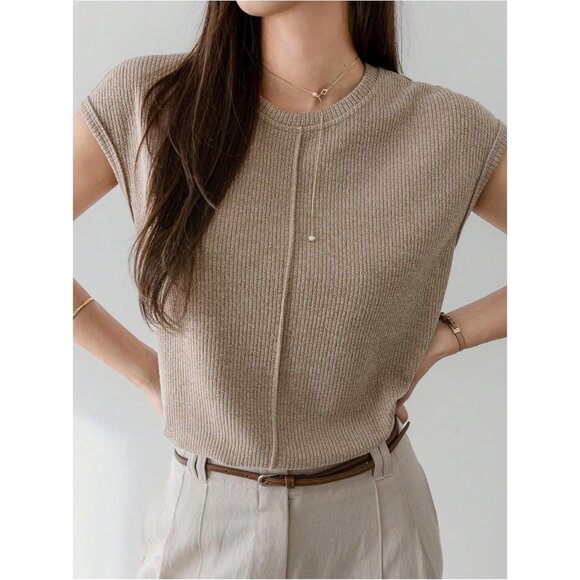 Women's Sweater Knit Casual Pullover Short Sleeve Crew Neck Light Brown - Picture 4 of 5